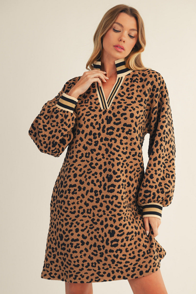 Meg Leopard Print Long Sleeve Dress - Women's A-Line V-Neck Dress Toffee / Medium Meg Leopard Print Long Sleeve Dress - Women's A-Line V-Neck Dress Toffee / Medium