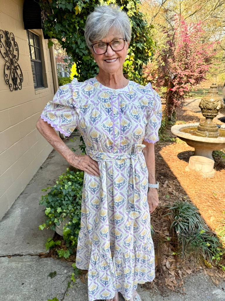 Women's Floral Midi Dress with Puff Sleeves