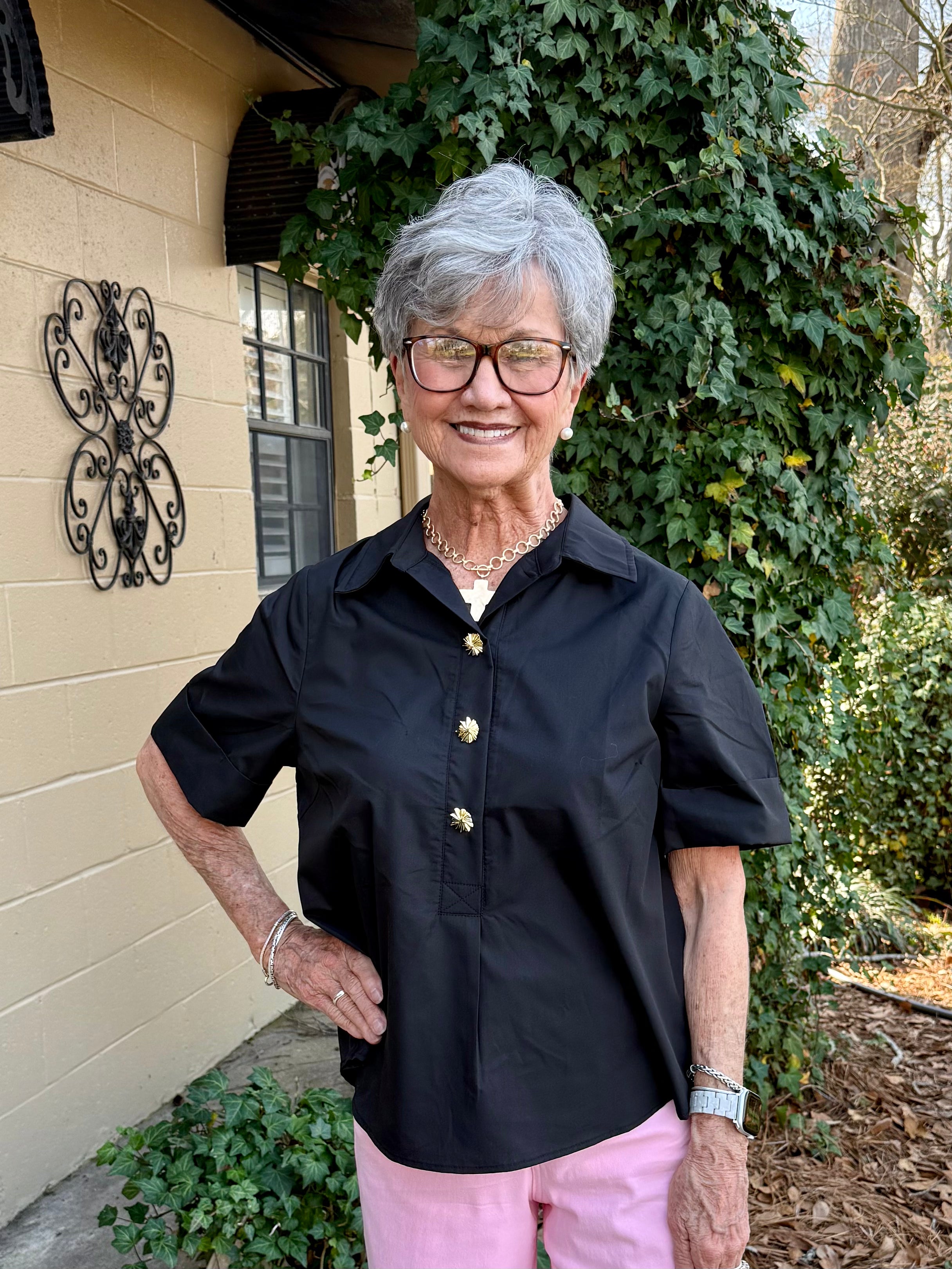 Black Collared Blouse with Gold Buttons | Gracelynn Short Sleeve