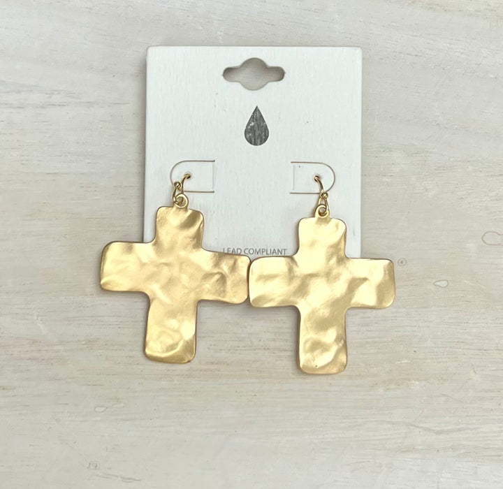 Gold Hammered Metal Cross Earring