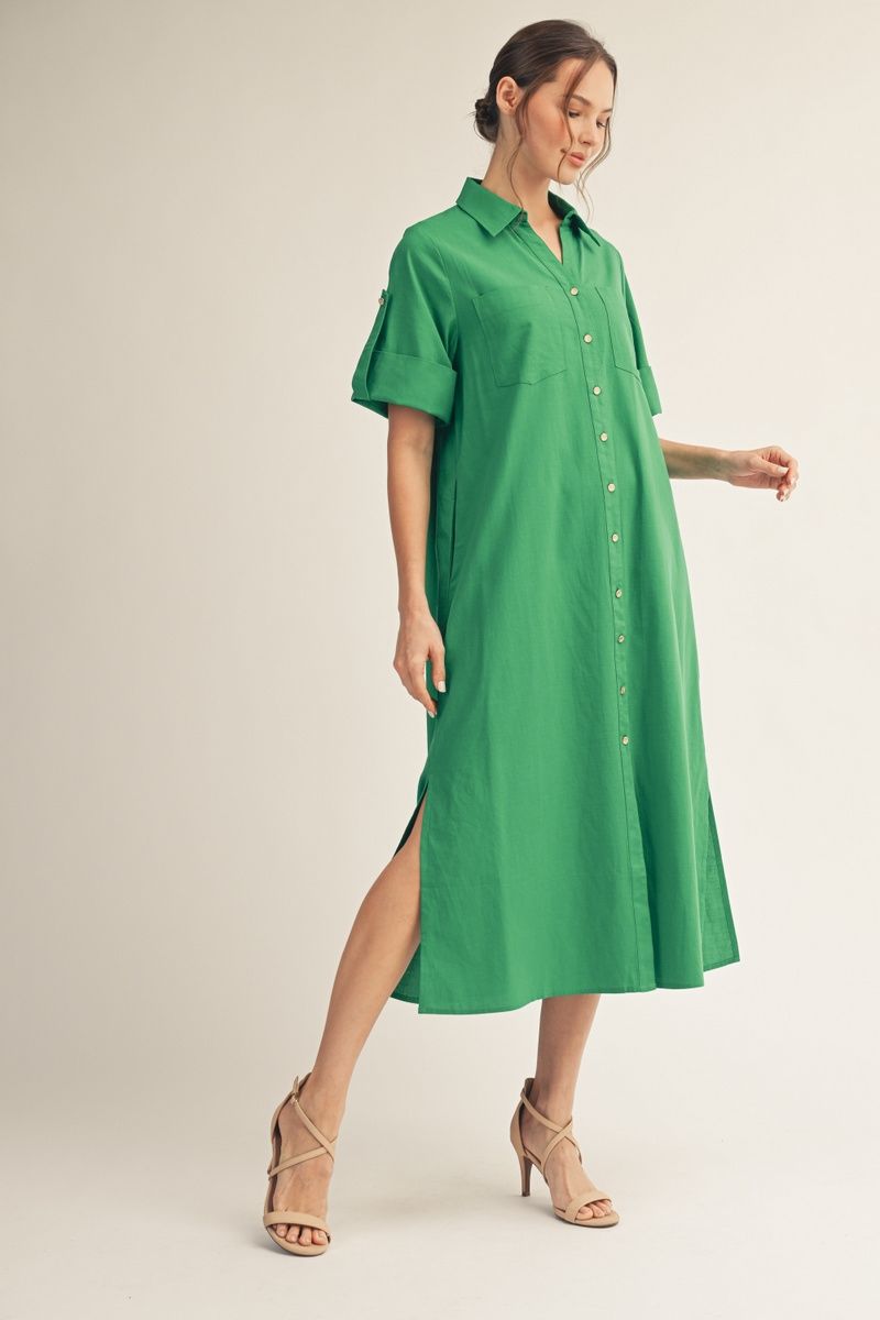 button down midi dress short sleeve Black Linen Dress - Button-Up Dress - Short Sleeve Midi Dress