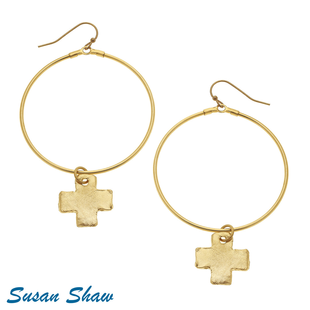Susan Shaw Gold Cross Drop Hoop Earrings