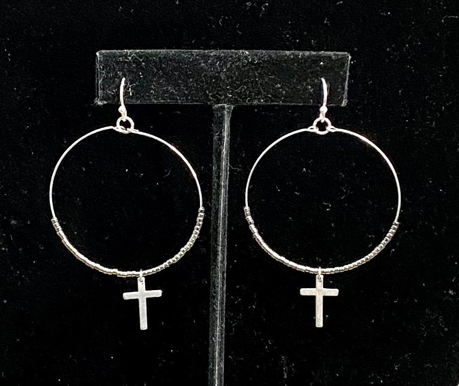 Circle with Beads and Dangling Cross Earring
