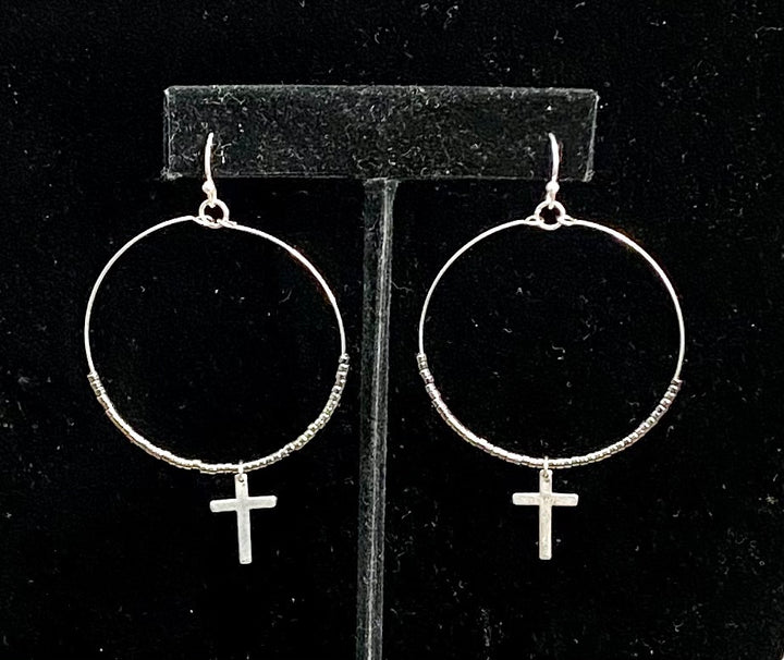 Circle with Beads and Dangling Cross Earring