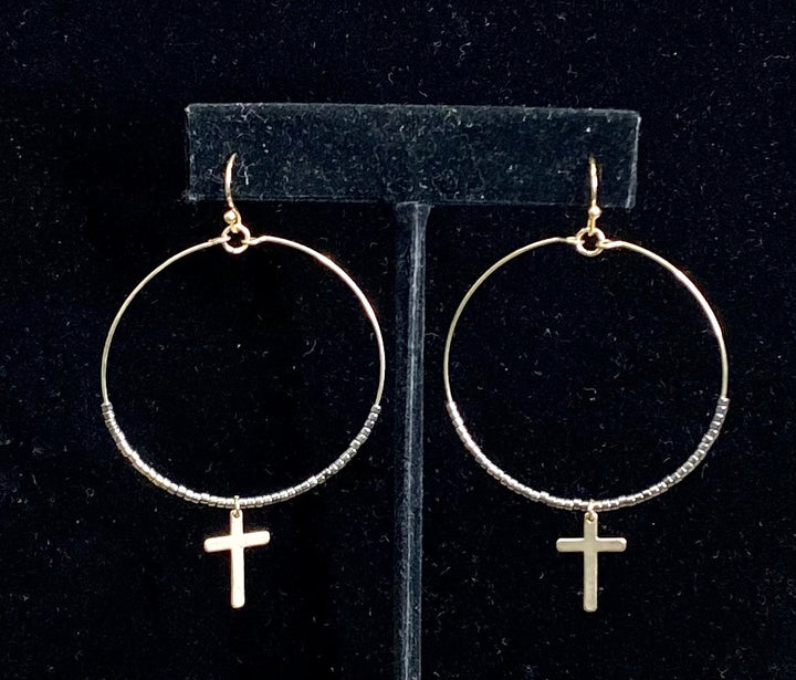 Circle with Beads and Dangling Cross Earring