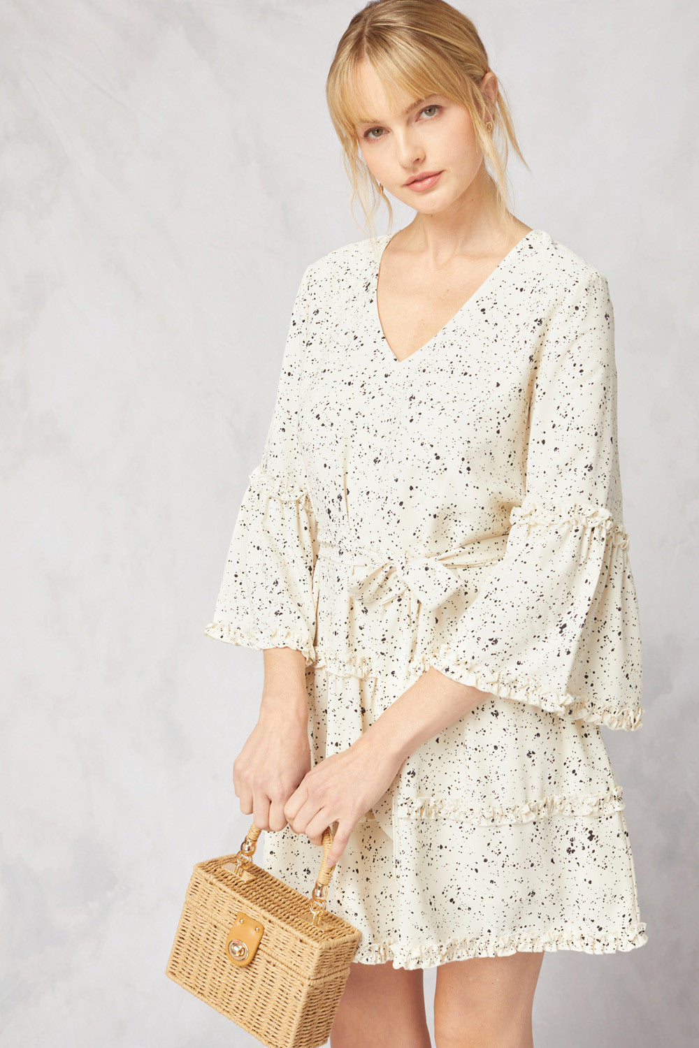 Spotted V Neck Ruffle Dress