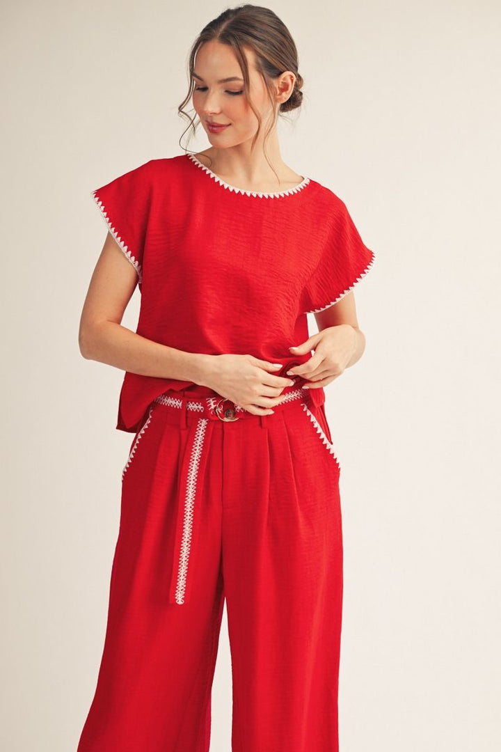 Lillian Short Sleeve Red Top | Drop Shoulder Crinkle Fabric with Scallop Embroidery