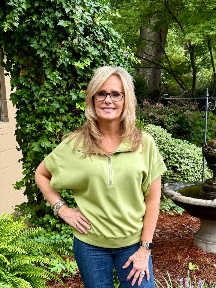 Cassie Half-Zip V-Neck Top | Casual Short Sleeve Scuba Knit