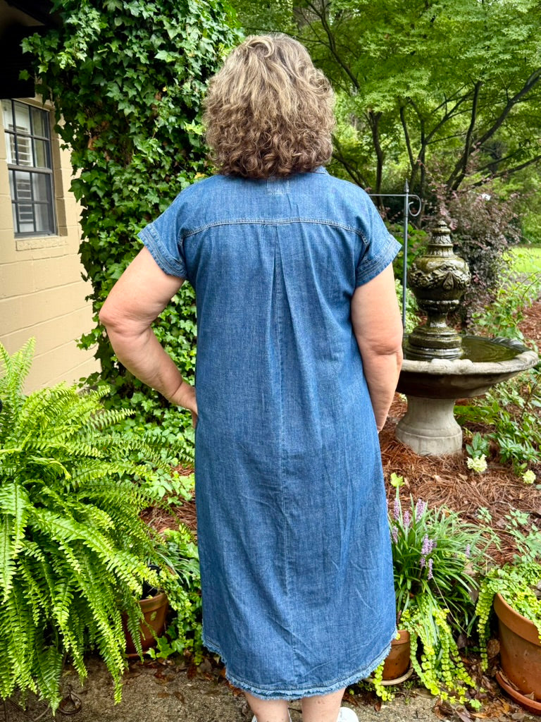 Macy Stone Washed Denim Midi Dress – Loose Flowy Fit