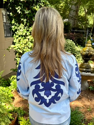 Emma 3/4 Sleeve Baroque Appliqué Top – Light Blue