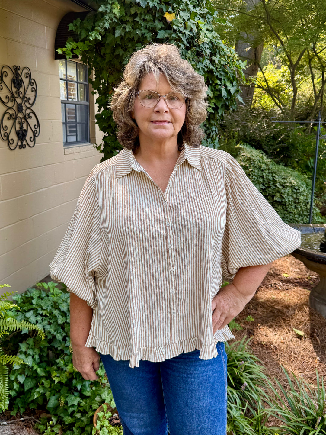 Gaye Button Down Top – Latte & Ivory Stripe
