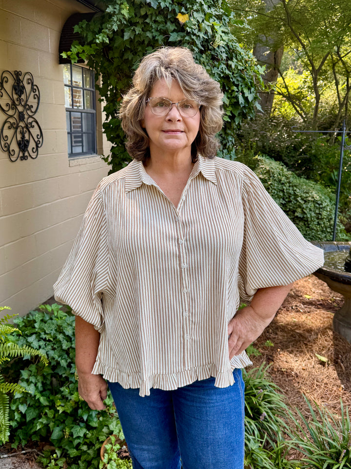 Gaye Button Down Top – Latte & Ivory Stripe