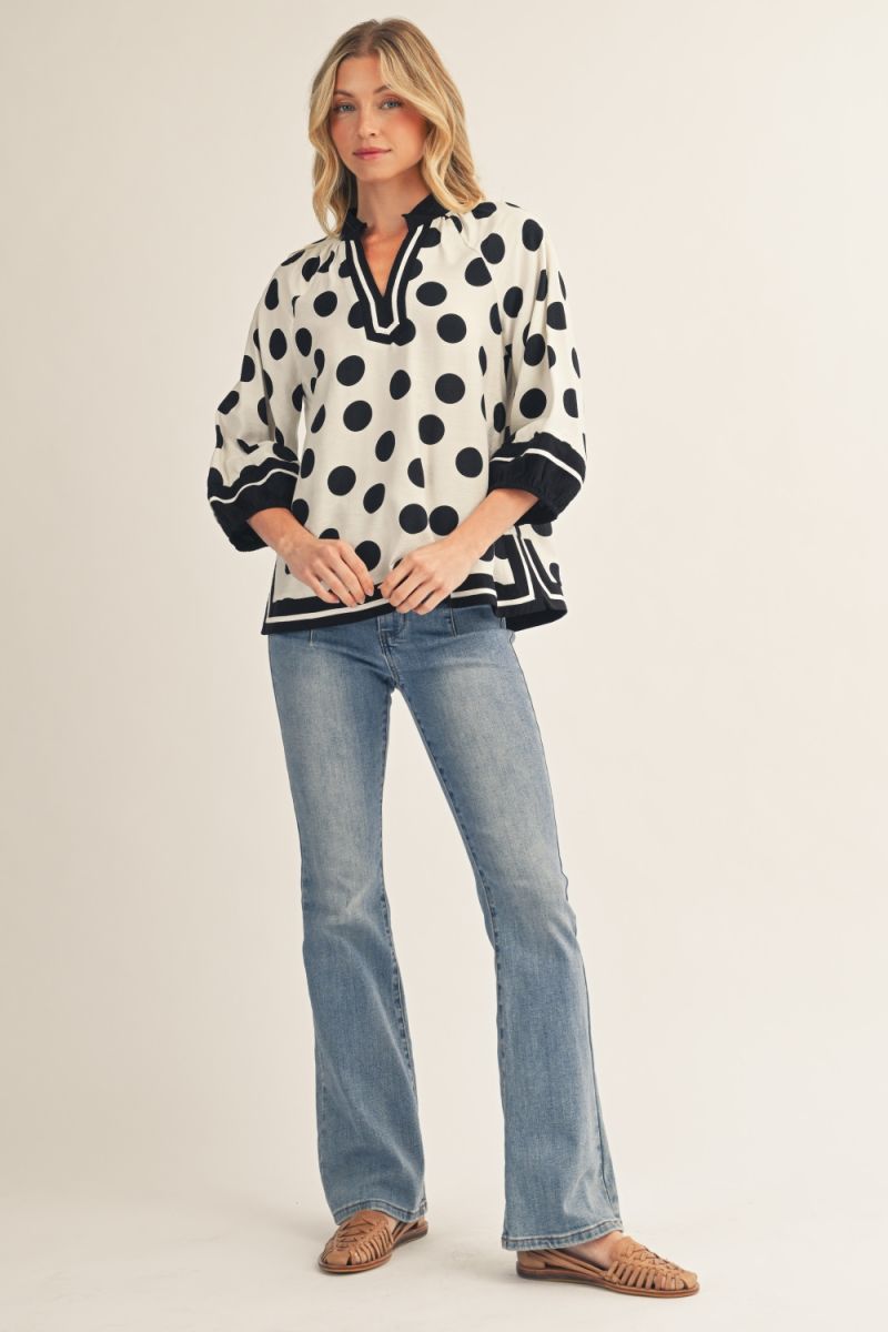 Bobby Polka Dot 3/4 Puff Sleeve Top – Notched V-Neck with Contrast Trim | Black/White