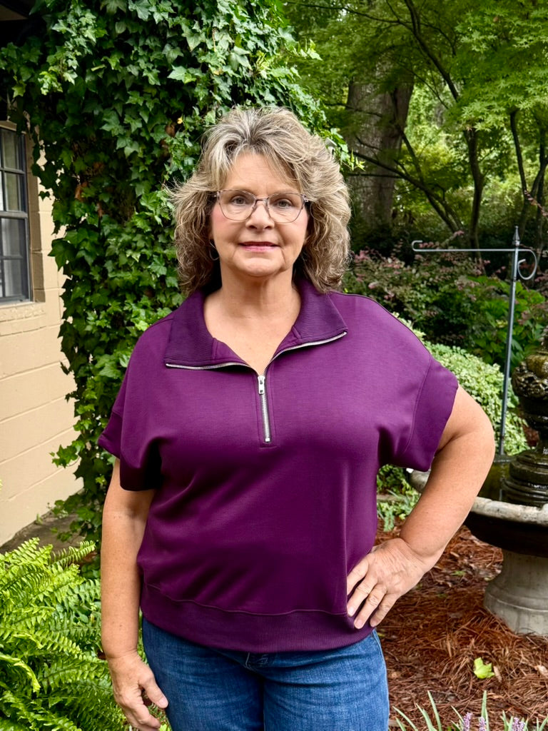 Cassie Half-Zip V-Neck Top | Casual Short Sleeve Scuba Knit