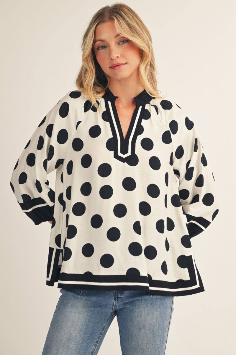 Bobby Polka Dot 3/4 Puff Sleeve Top – Notched V-Neck with Contrast Trim | Black/White