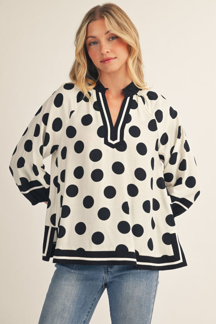 Bobby Polka Dot 3/4 Puff Sleeve Top – Notched V-Neck with Contrast Trim | Black/White