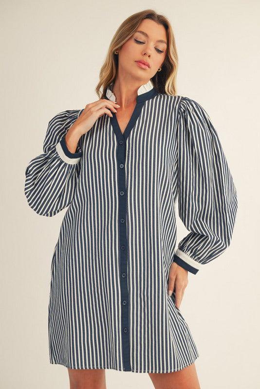 Navy White Striped Shift Dress with Pockets