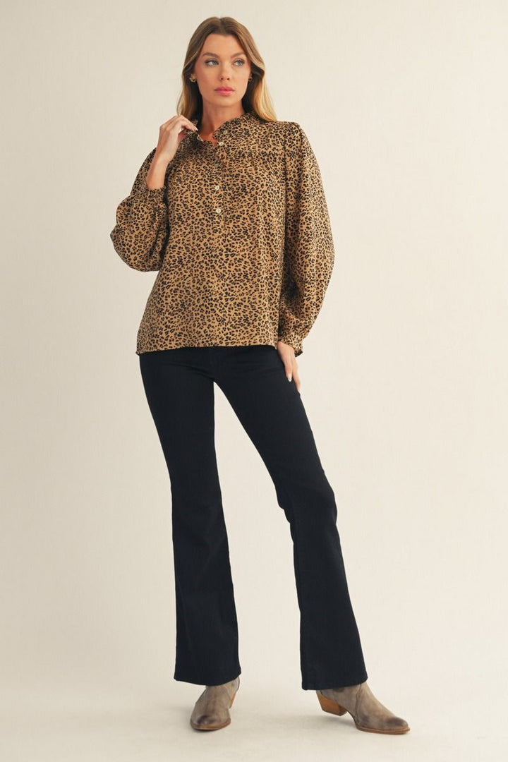 Anna Leopard Print Long Sleeve Top with Ruffle Detail