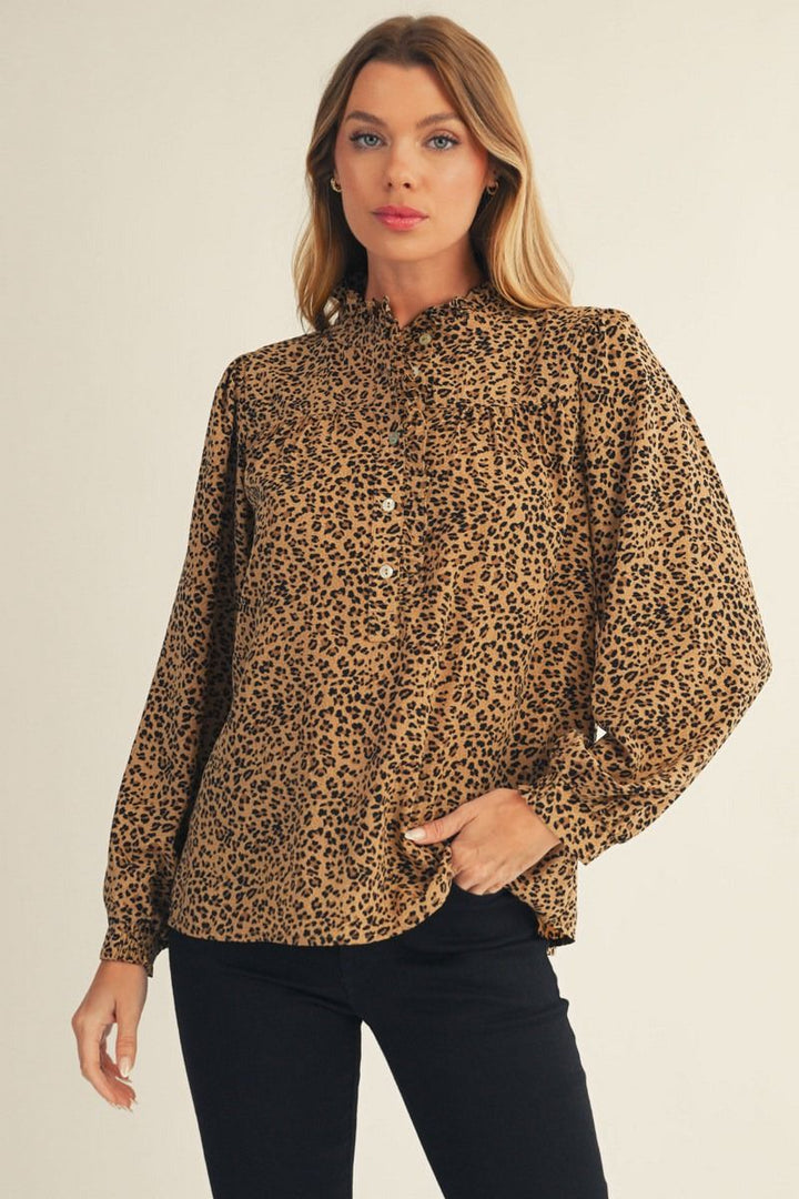 Anna Leopard Print Long Sleeve Top with Ruffle Detail