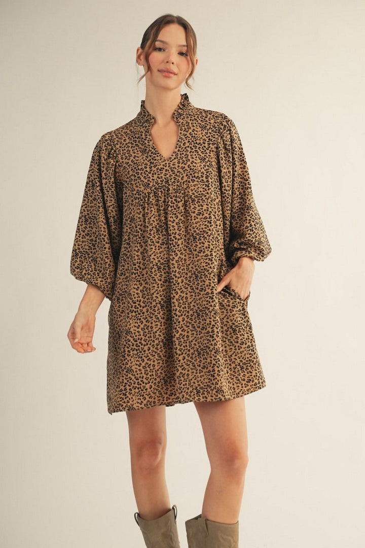 Rachel Puff Sleeve Dress - Leopard Print Babydoll Dress with Pockets