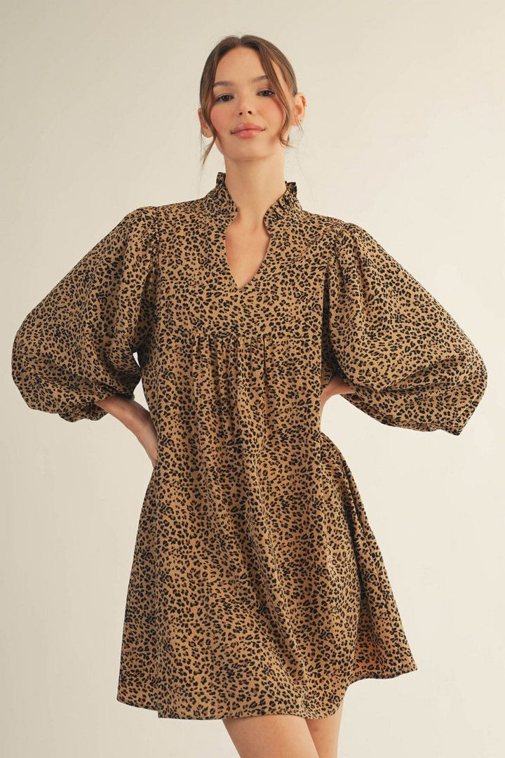 Rachel Puff Sleeve Dress - Leopard Print Babydoll Dress with Pockets