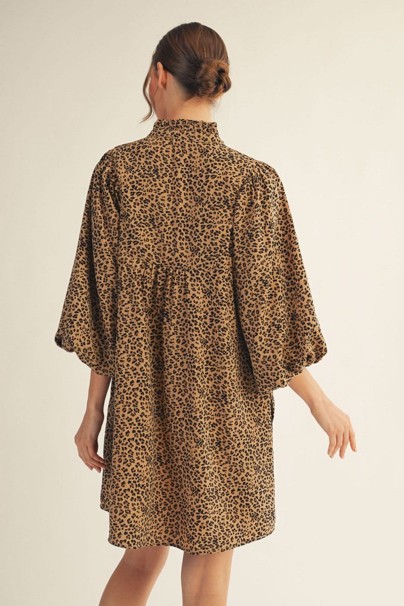 Rachel Puff Sleeve Dress - Leopard Print Babydoll Dress with Pockets