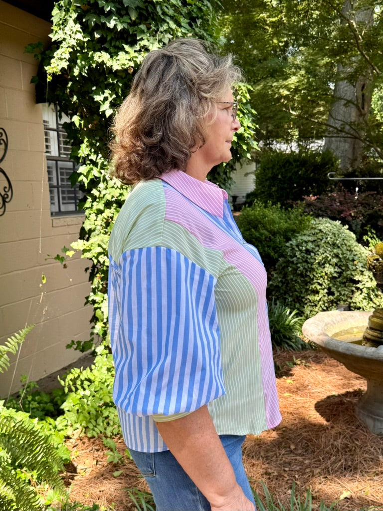 Margie Stripe Mix Match Button Down Top – 100% Cotton Puff Sleeve | Blue/Pink