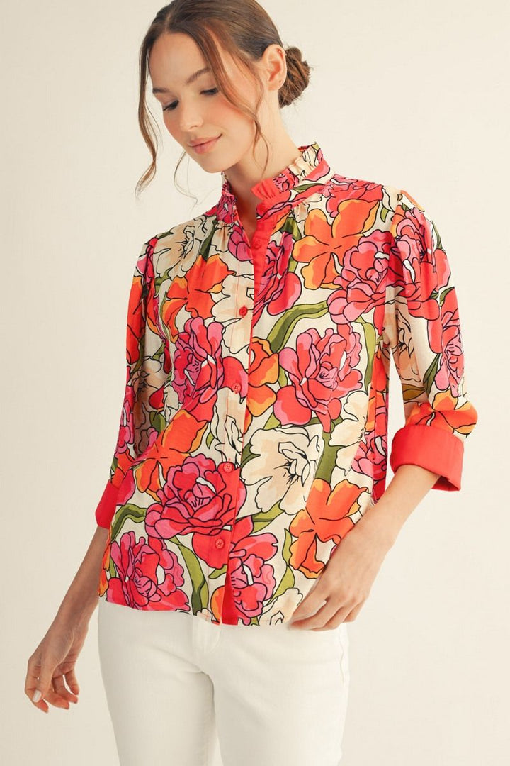 Macy 3/4 Sleeve Button Down Floral Top