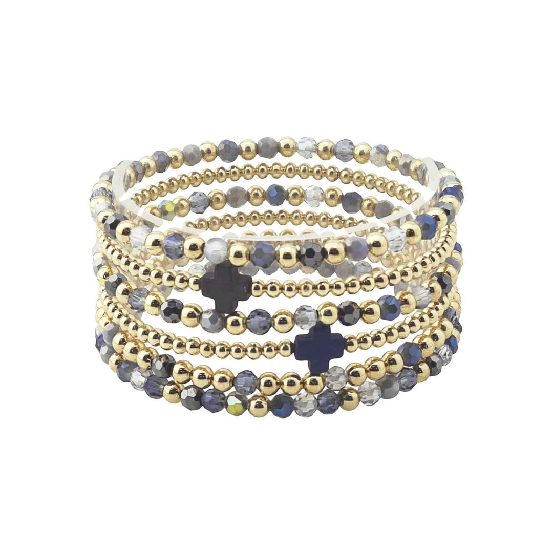 Grey Crystal & Gold Beaded Cross Bracelet Set of 6