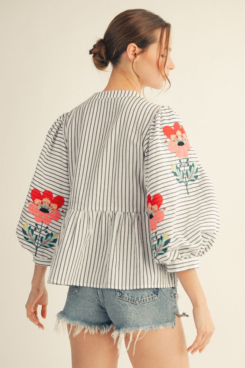 Weslynn Striped Peplum Top with Floral Embroidery