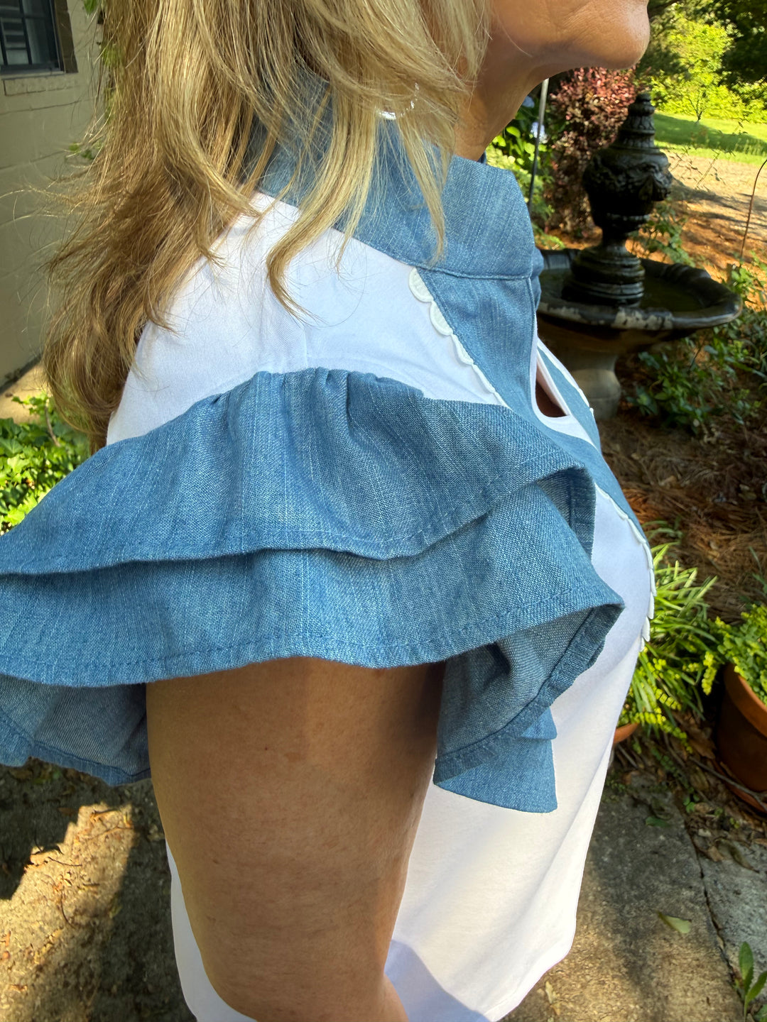 Brittany Short Sleeve Ruffle Top | Denim Accent Boutique Top