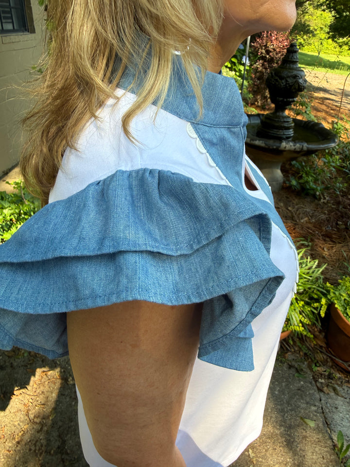 Brittany Short Sleeve Ruffle Top | Denim Accent Boutique Top