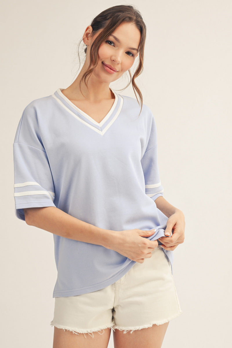 Shannon V-Neck Short Sleeve French Terry Top – Light Blue with Varsity Stripes