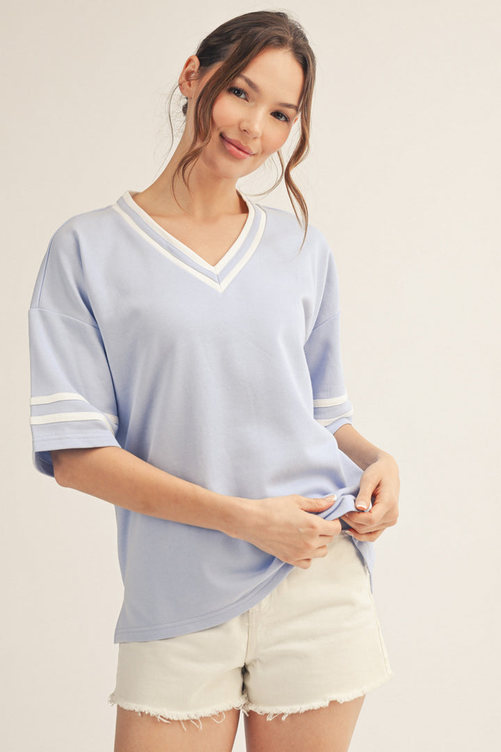 Shannon V-Neck Short Sleeve French Terry Top – Light Blue with Varsity Stripes