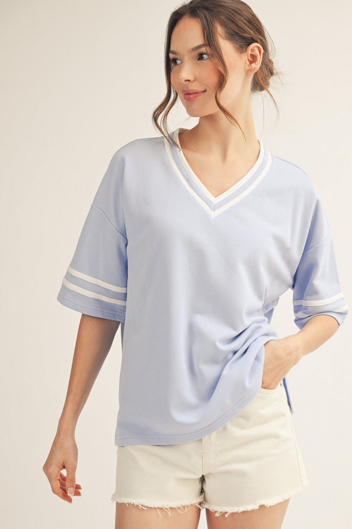 Shannon V-Neck Short Sleeve French Terry Top – Light Blue with Varsity Stripes