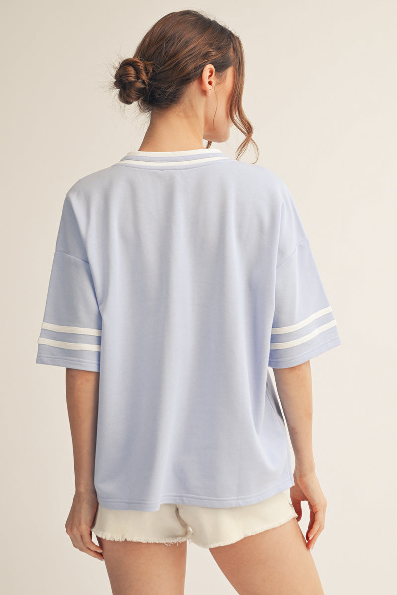 Shannon V-Neck Short Sleeve French Terry Top – Light Blue with Varsity Stripes