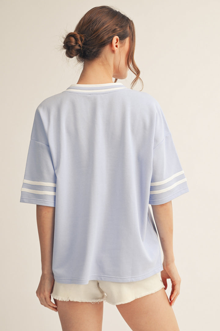 Shannon V-Neck Short Sleeve French Terry Top – Light Blue with Varsity Stripes