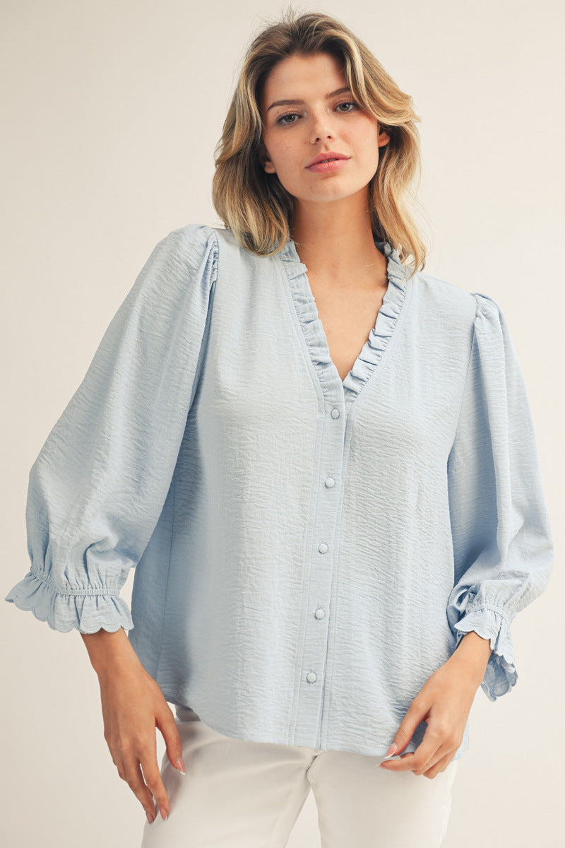 Julie 3/4 Puff Sleeve Button Down Top