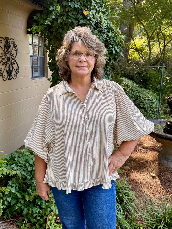 Gaye Button Down Top – Latte & Ivory Stripe