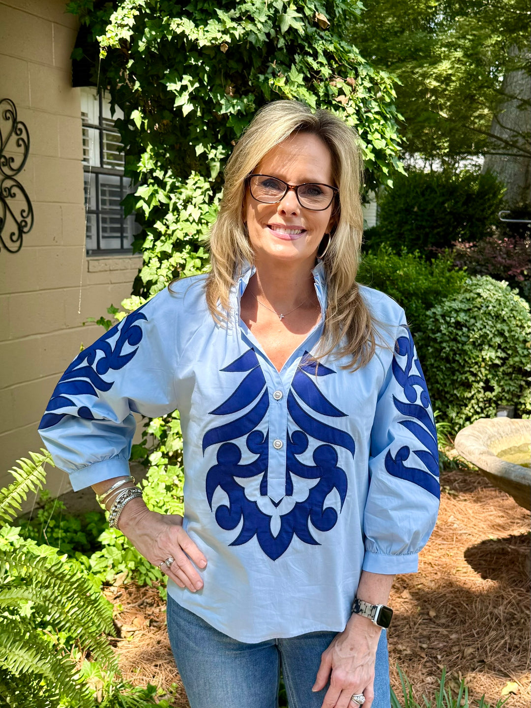 Emma 3/4 Sleeve Baroque Appliqué Top – Light Blue