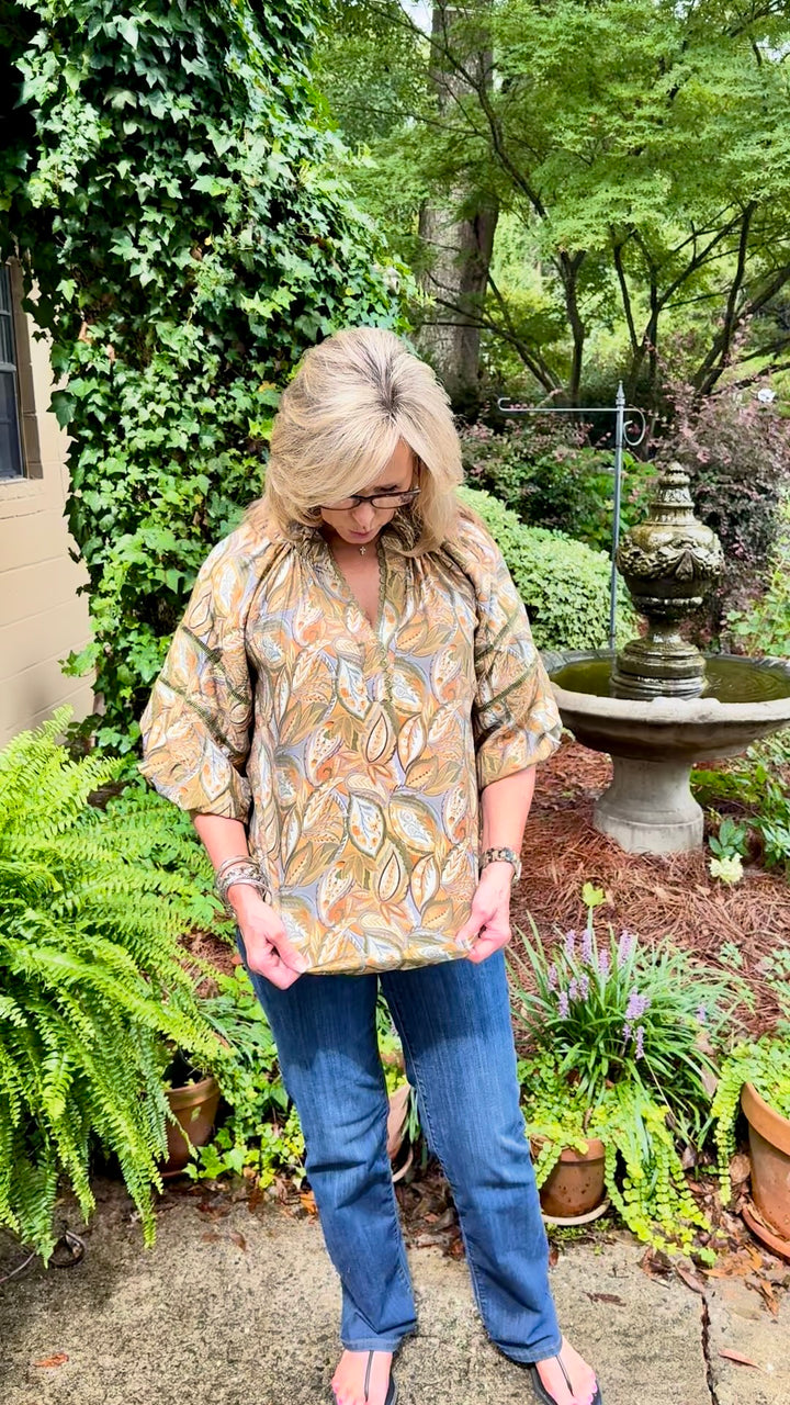 Olive Leaf Print Split V-Neck Blouse | 3/4 Balloon Sleeve Top