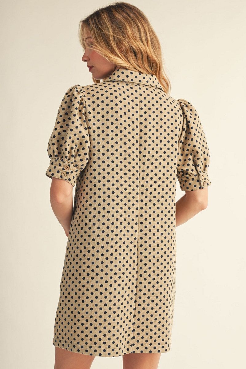 Emily Short Puff Sleeve Polka Dot Shift Dress - Taupe & Navy