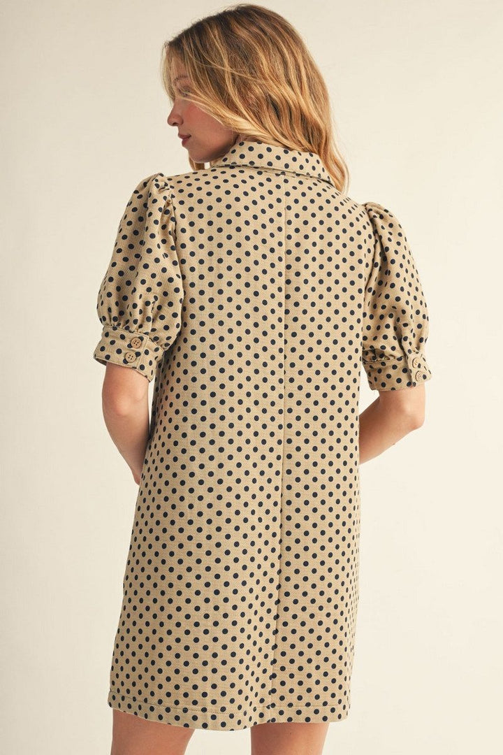Emily Short Puff Sleeve Polka Dot Shift Dress - Taupe & Navy