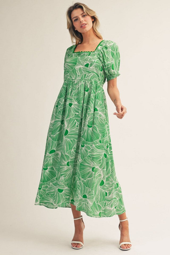 Ashley Short Puff Sleeve Midi Dress – Green & White Print Square Neck with Tie Back