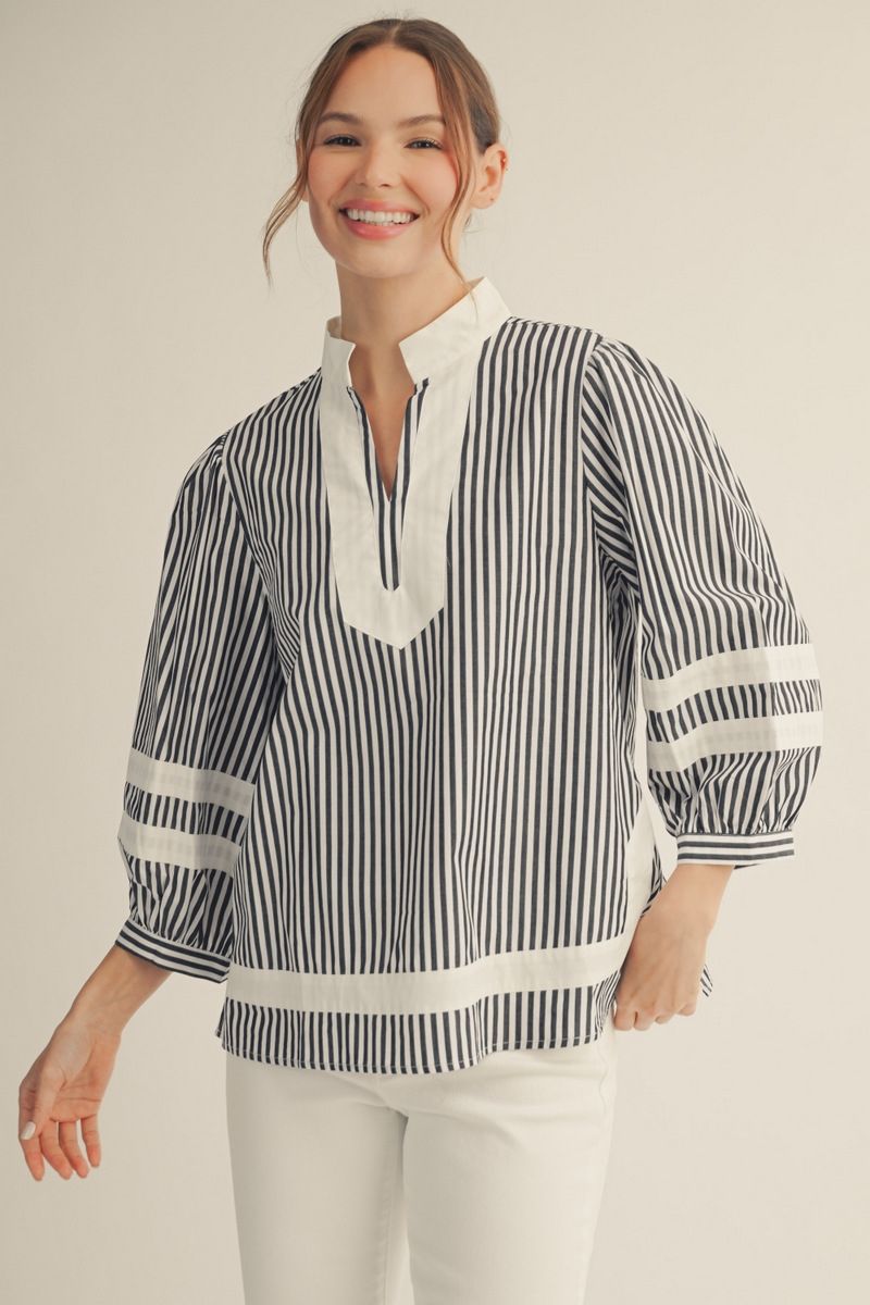 Sherry 3/4 Puff Sleeve Stripe Top | Black & White Cotton V-Neck Blouse