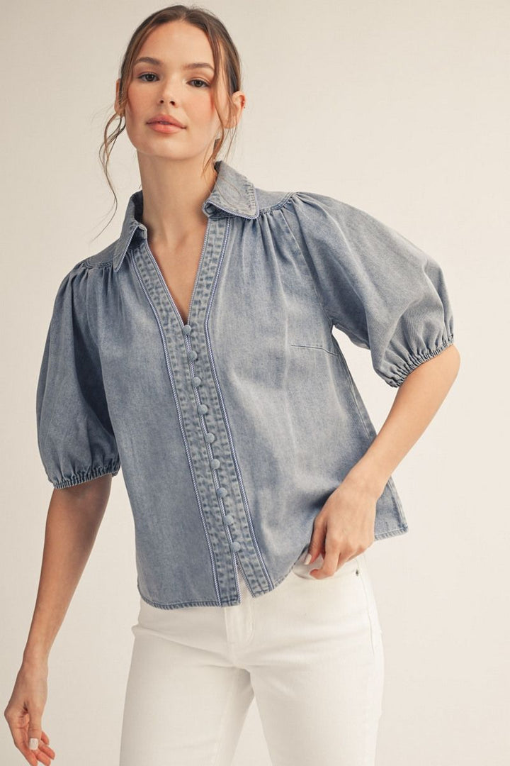 Tracy Short Puff Sleeve Denim Top