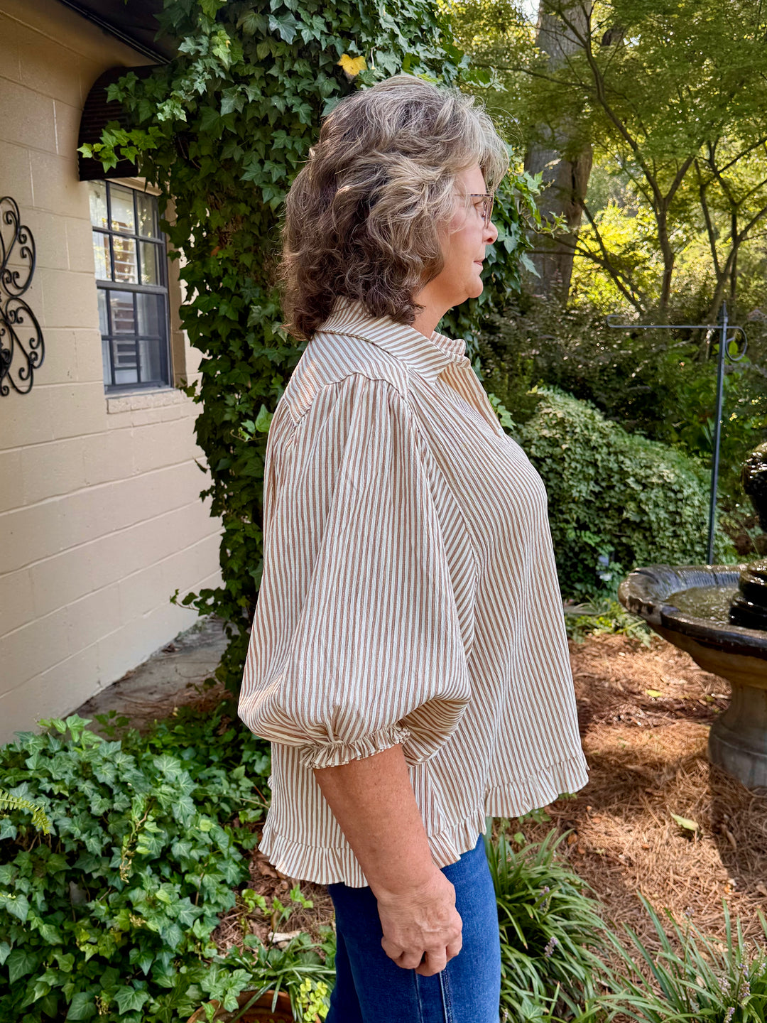 Gaye Button Down Top – Latte & Ivory Stripe