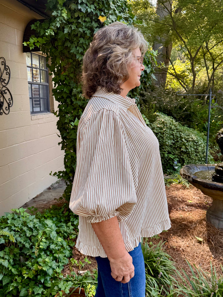 Gaye Button Down Top – Latte & Ivory Stripe
