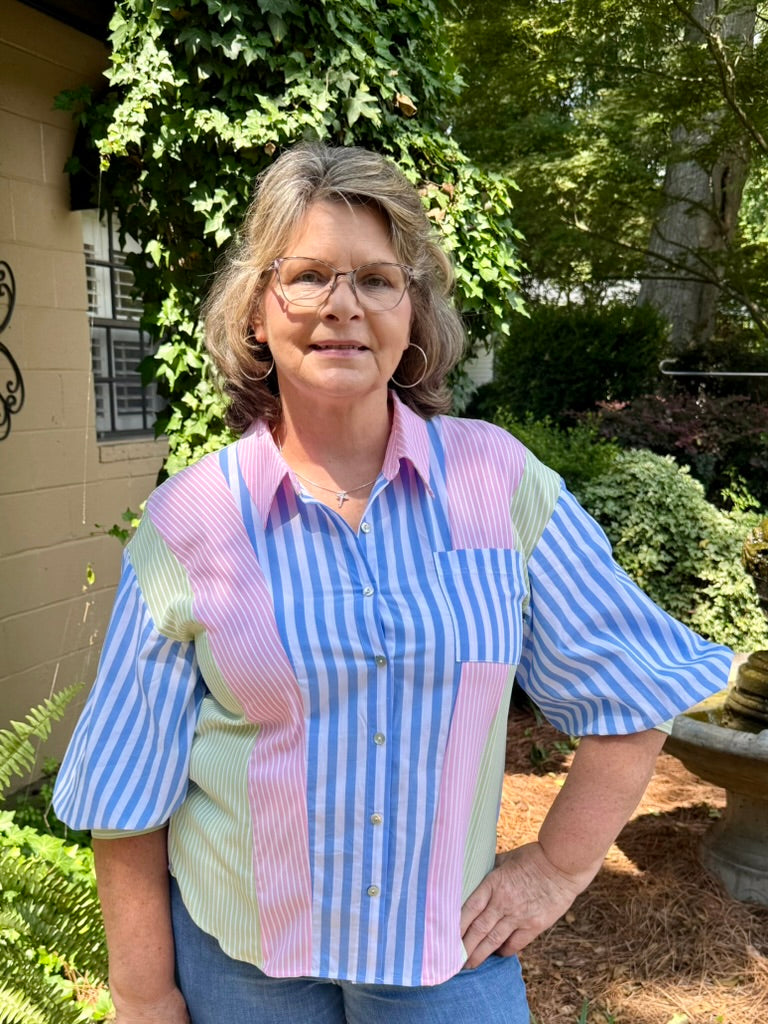 Margie Stripe Mix Match Button Down Top – 100% Cotton Puff Sleeve | Blue/Pink