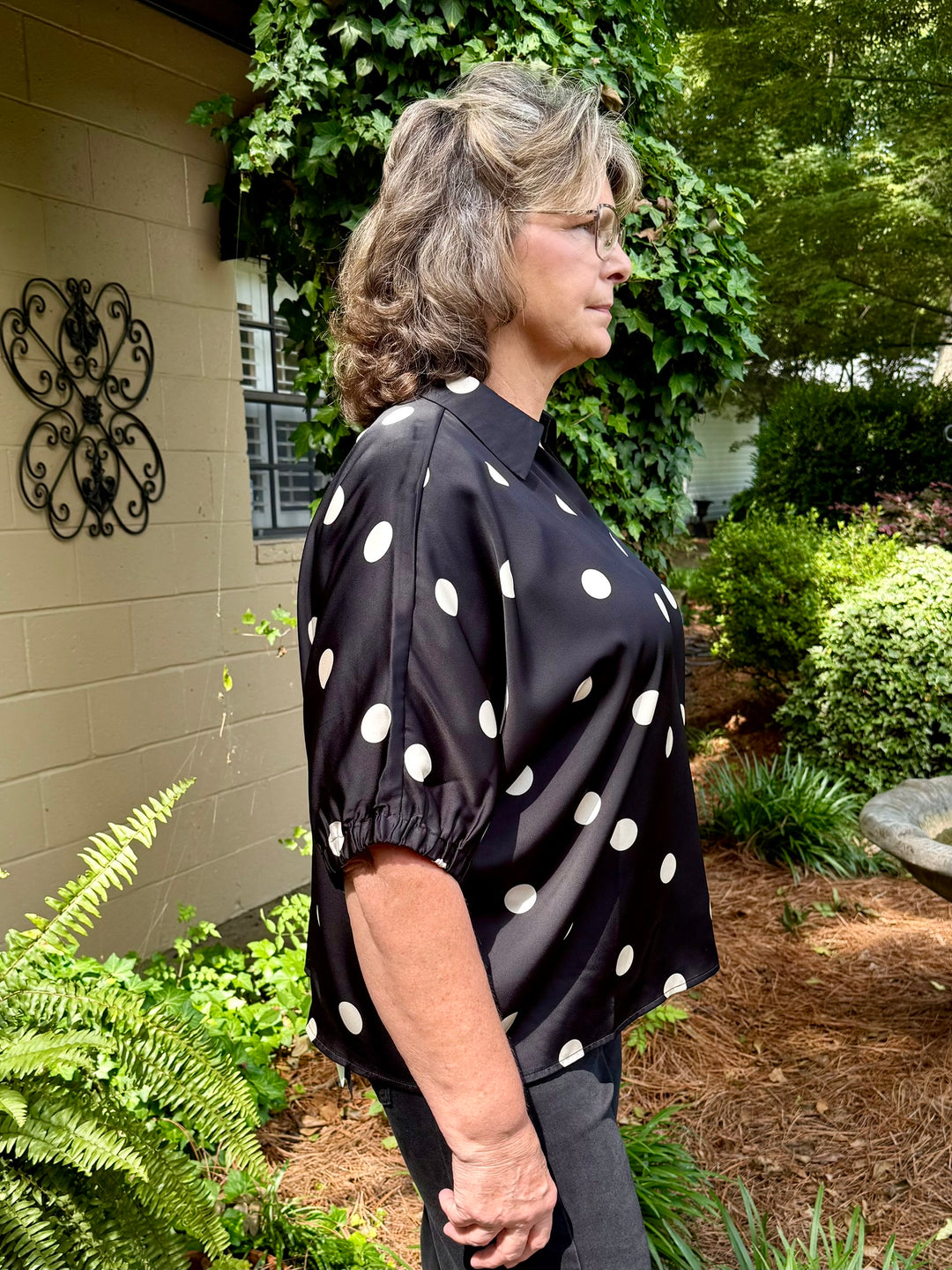 Faith Short Sleeve V-Neck Polka Dot Satin Top